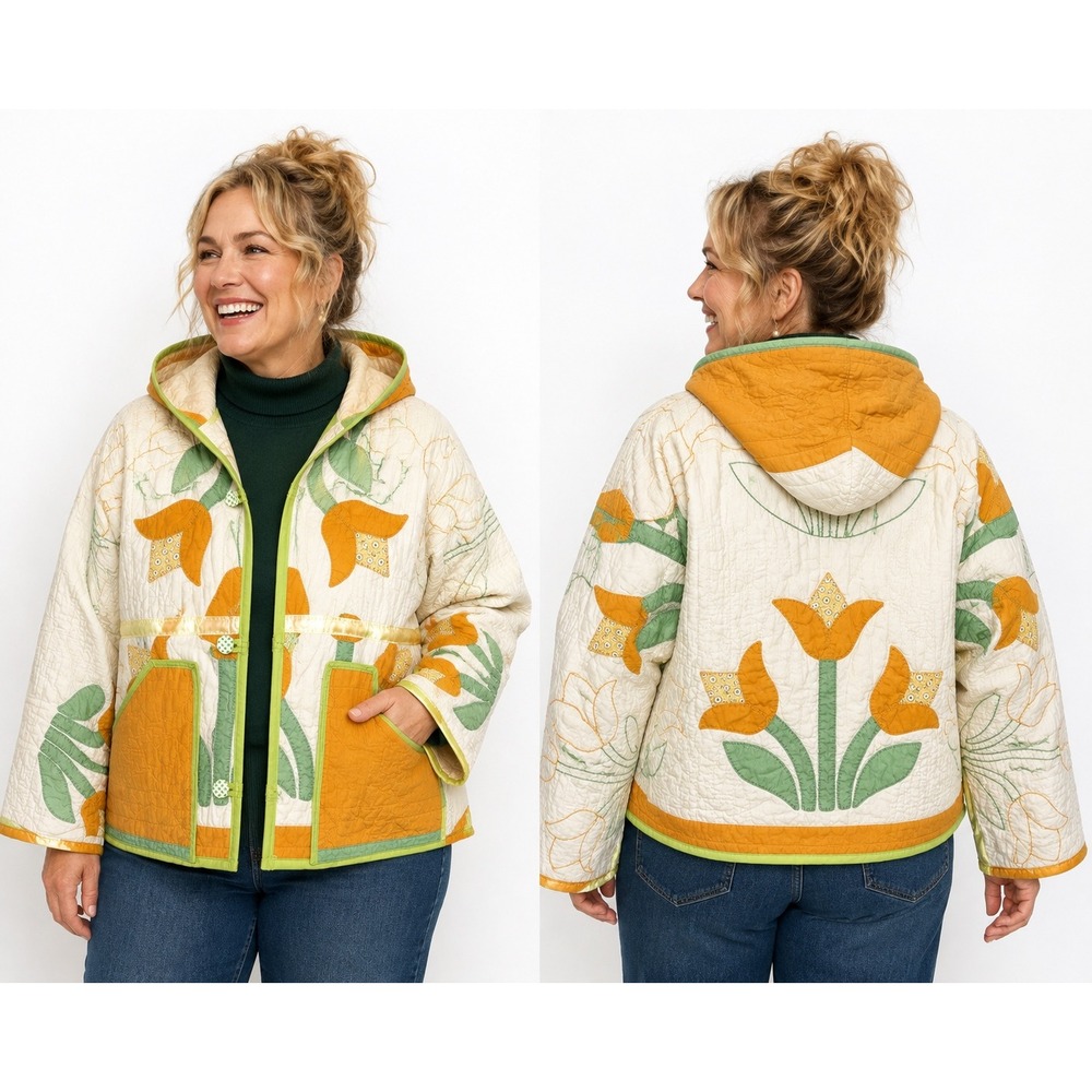 Handmade Quilted Tulip Applique Hooded Jacket Orange Green Floral XL Cottagecore